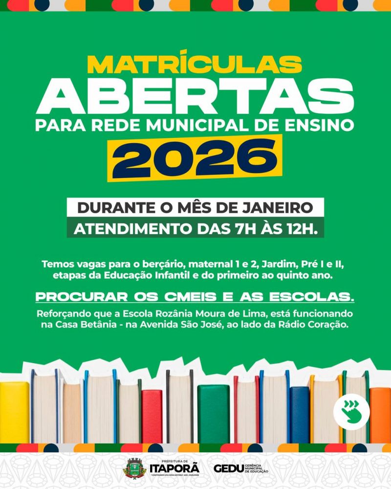 Matrículas da Rede Municipal de Ensino para 2026 seguem abertas em Itaporã