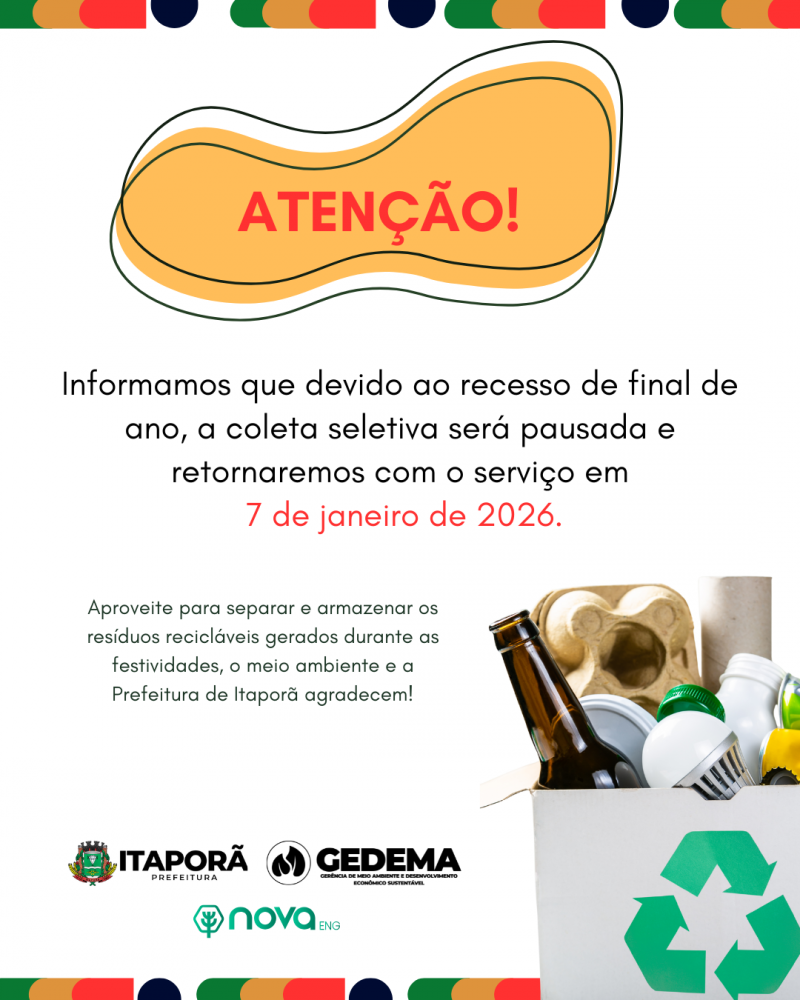 Coleta seletiva será pausada no recesso de final de ano e retorna em janeiro