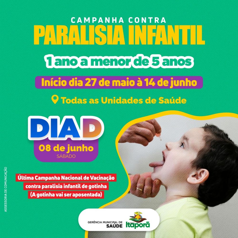 Em Itaporã vacinação contra Poliomielite será entre 27 de maio e 14 de junho