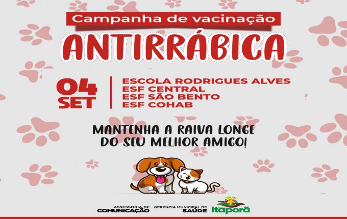 Itaporã terá 4 pontos de vacinação antirrábica neste sábado 04 de setembro