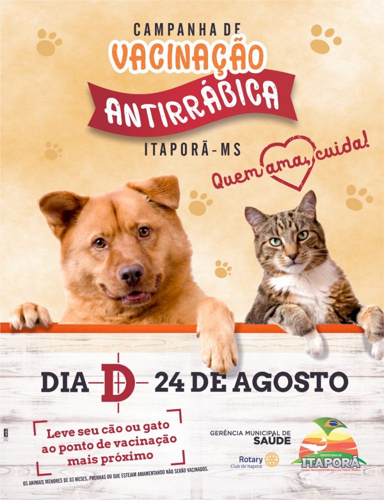 Dia 24 de Agosto será o dia “D” da vacinação antirrábica em Itaporã