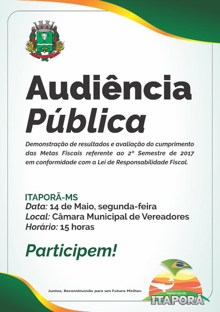 Prefeitura de Itaporã realiza audiência pública do segundo semestre de 2017 nesta segunda (14)